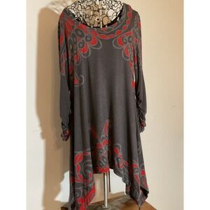 Grace Elements Charcoal Grey Red Scroll Print Sharkbite Tunic Ruched Sleeve L